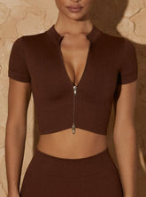 Wholesale High Neck Zipper Short Sleeve Yoga Crop Top