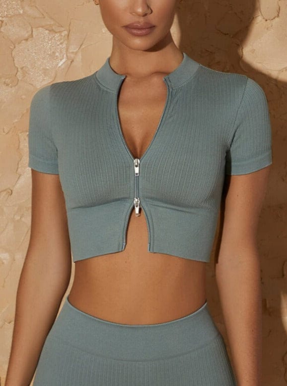 Wholesale High Neck Zipper Short Sleeve Yoga Crop Top