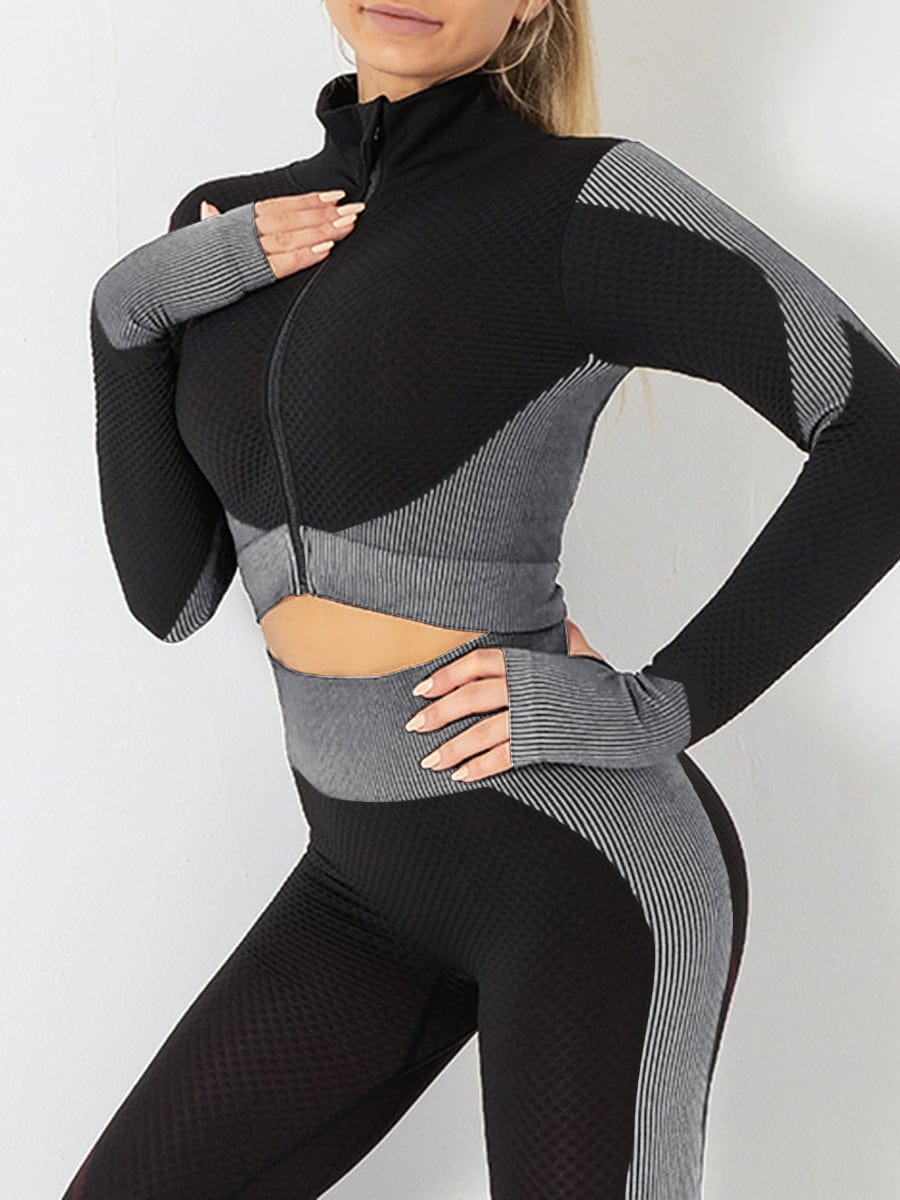 Wholesale Cutie Zipper Patchwork 2 pcs Yoga Suit Thumbhole Elastic