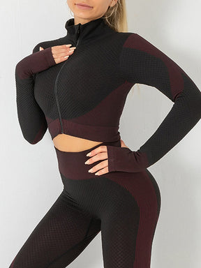 Wholesale Cutie Zipper Patchwork 2 pcs Yoga Suit Thumbhole Elastic