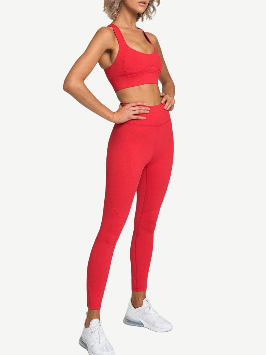 Wholesale Red Removable Cups Sports Bra Hi-Waist Leggings For Warmup