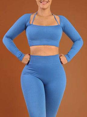 Wholesale Blue Seamless Yoga Gym Long Sleeves Crop Top