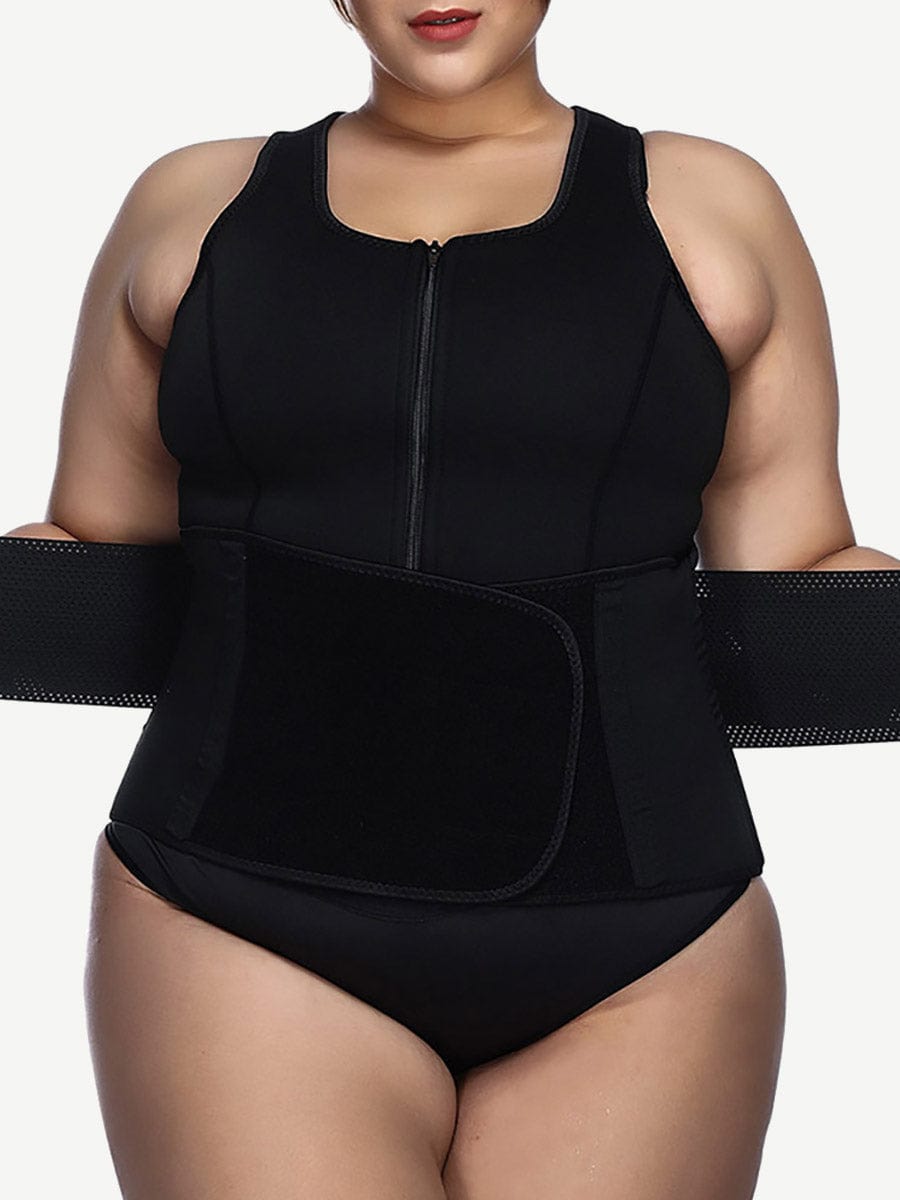 Shimmer Black Large Size Neoprene Vest Front Zip Slim Waist